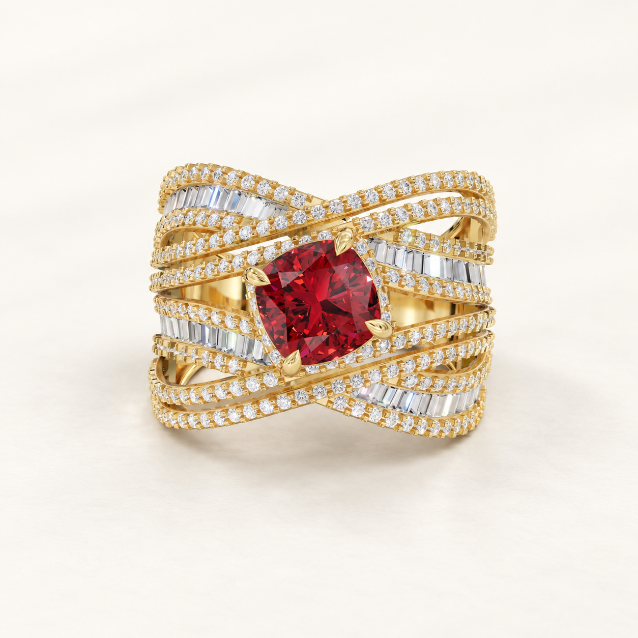 1.06 CT Cushion Cut Ruby Red Gemstone Ring in 10K 14K 18K Yellow Gold, White Gold & Rose Gold | Luxury Criss Cross Wide Band Statement Ring | NyvaaraLuxe