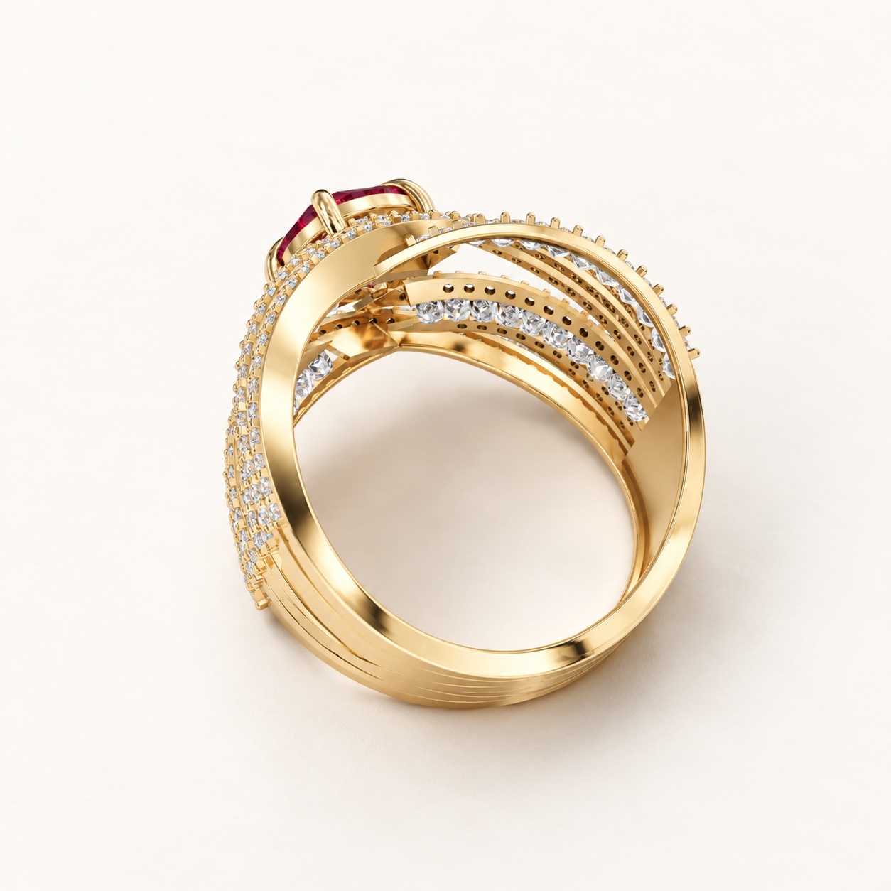 1.06 CT Cushion Cut Ruby Red Gemstone Ring in 10K 14K 18K Yellow Gold, White Gold & Rose Gold | Luxury Criss Cross Wide Band Statement Ring | NyvaaraLuxe - view 2