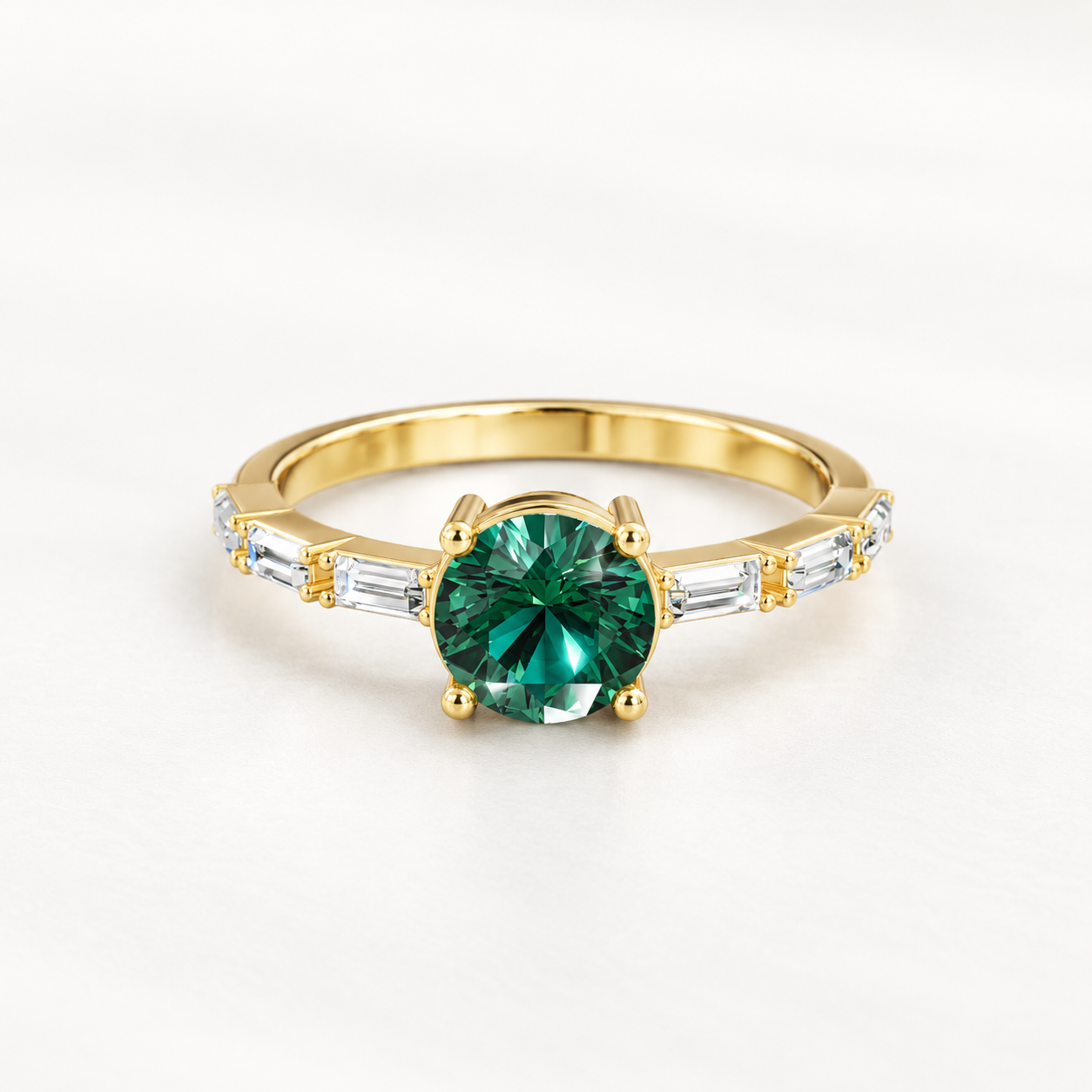 0.81 CT Round Cut Emerald Green Gemstone Ring in 10K 14K 18K Yellow Gold, White Gold & Rose Gold | Baguette Accent Engagement Ring | NyvaaraLuxe