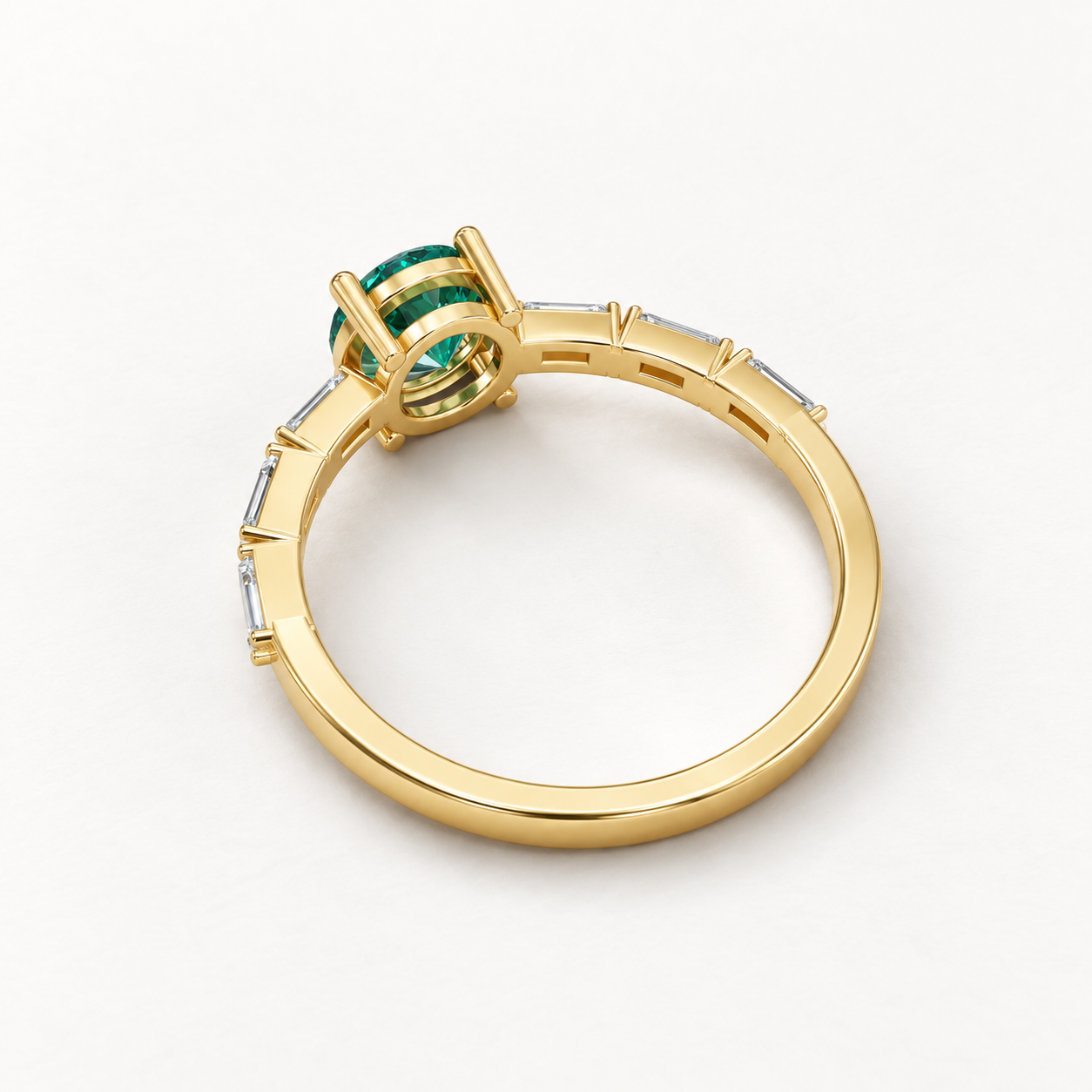 0.81 CT Round Cut Emerald Green Gemstone Ring in 10K 14K 18K Yellow Gold, White Gold & Rose Gold | Baguette Accent Engagement Ring | NyvaaraLuxe - view 2