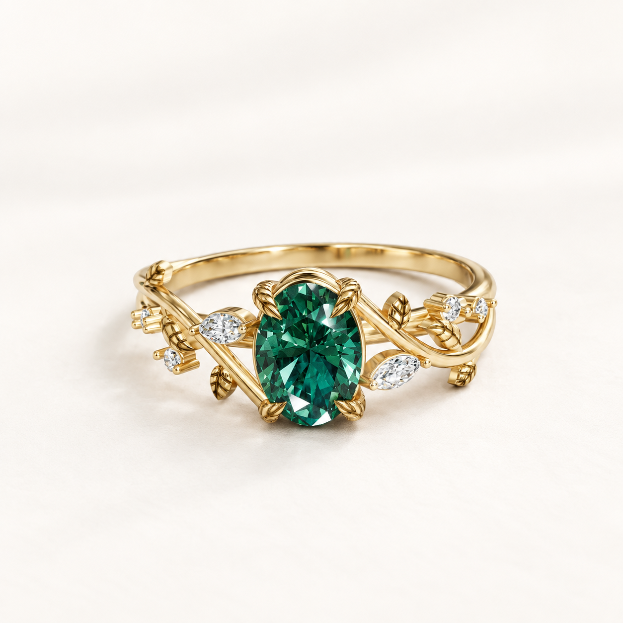 0.66 CT Oval Cut Emerald Green Gemstone Ring in 10K 14K 18K Yellow Gold, White Gold & Rose Gold | Nature Inspired Vine Engagement Ring | NyvaaraLuxe