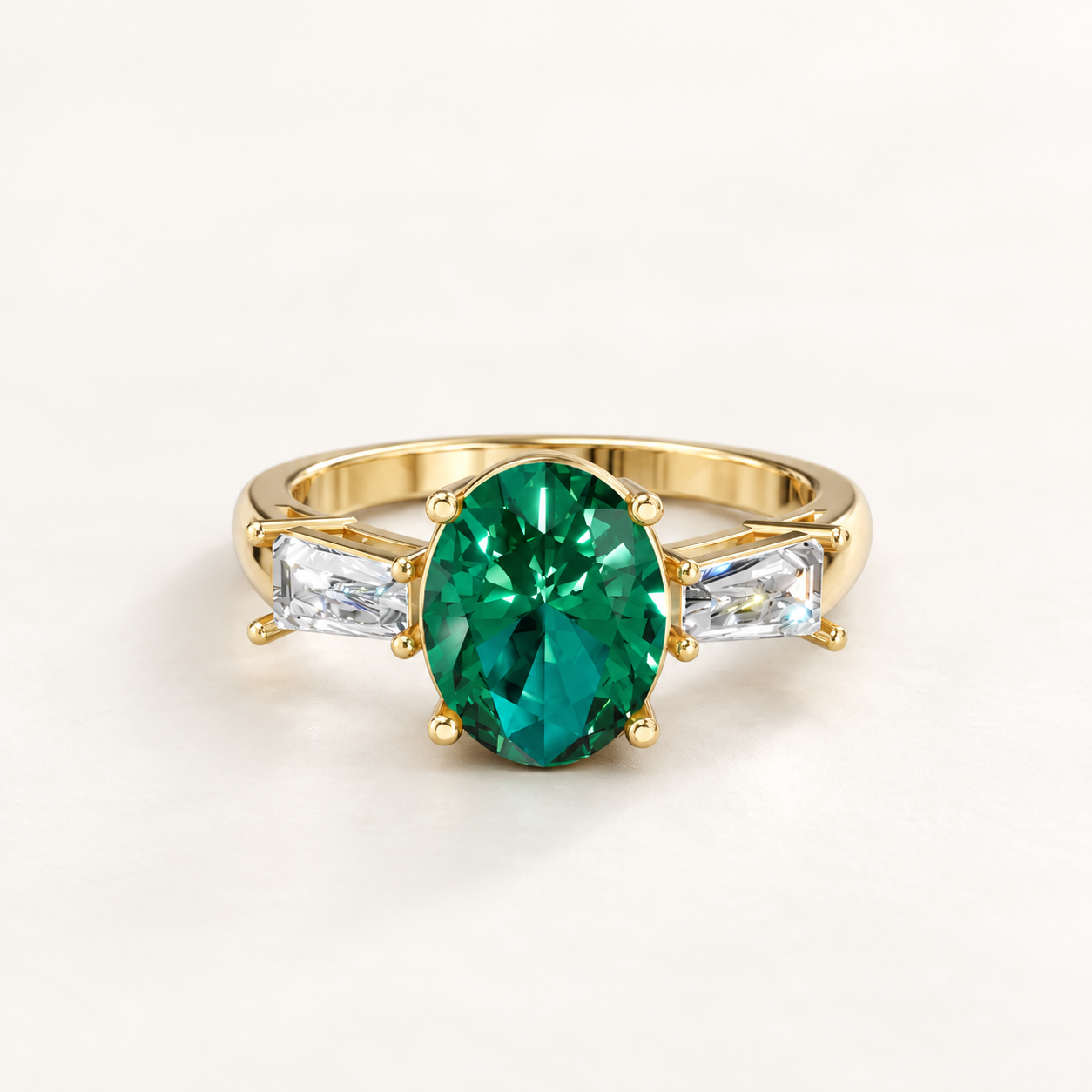 1.67 CT Oval Cut Emerald Green Gemstone Three Stone Ring in 10K 14K 18K Yellow Gold, White Gold & Rose Gold | Baguette Accent Engagement Ring | NyvaaraLuxe