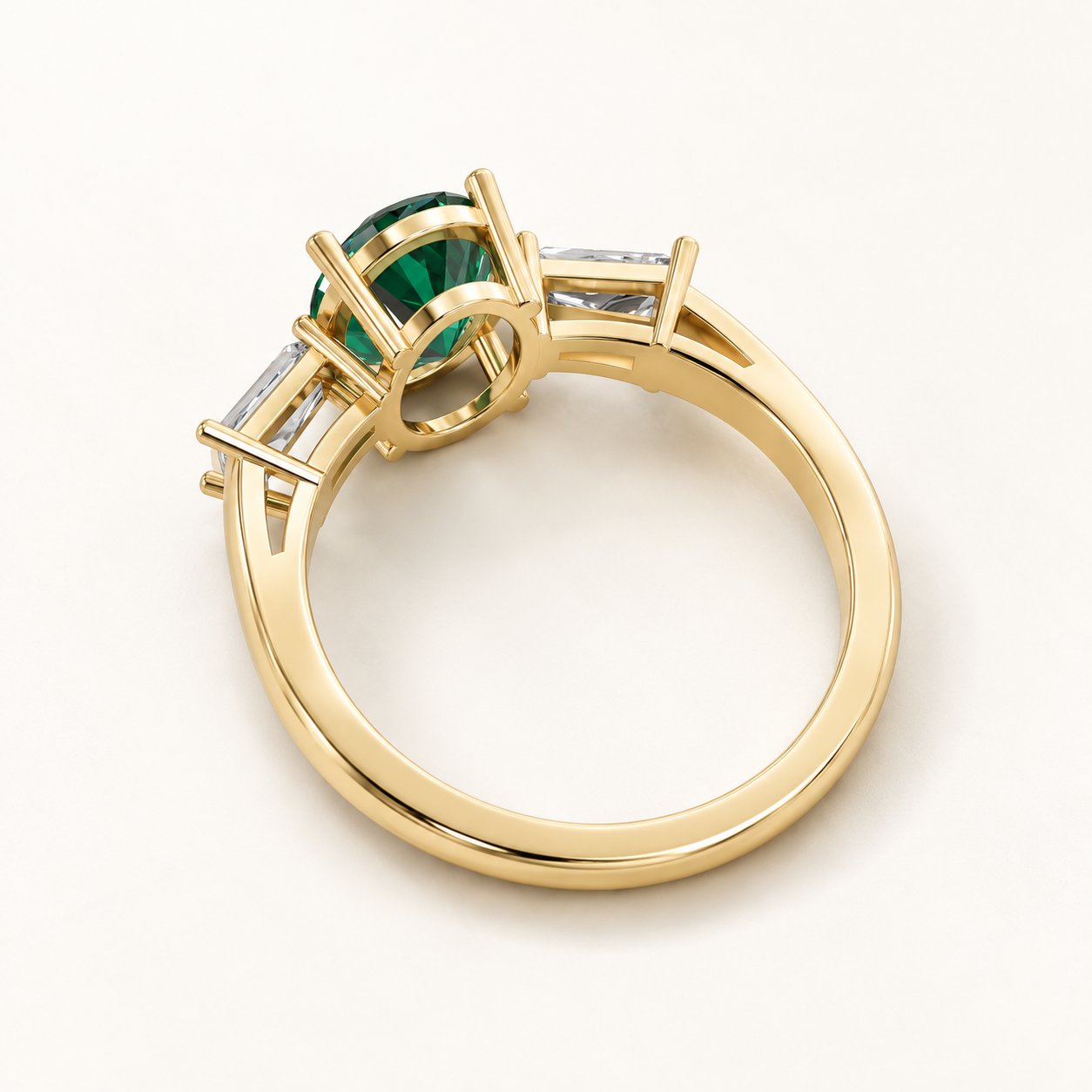 1.67 CT Oval Cut Emerald Green Gemstone Three Stone Ring in 10K 14K 18K Yellow Gold, White Gold & Rose Gold | Baguette Accent Engagement Ring | NyvaaraLuxe - view 2