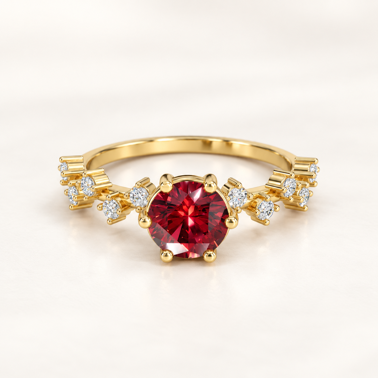 0.81 CT Round Cut Ruby Red Gemstone Ring in 10K 14K 18K Yellow Gold, White Gold & Rose Gold | Graduated Accent Engagement Ring | NyvaaraLuxe