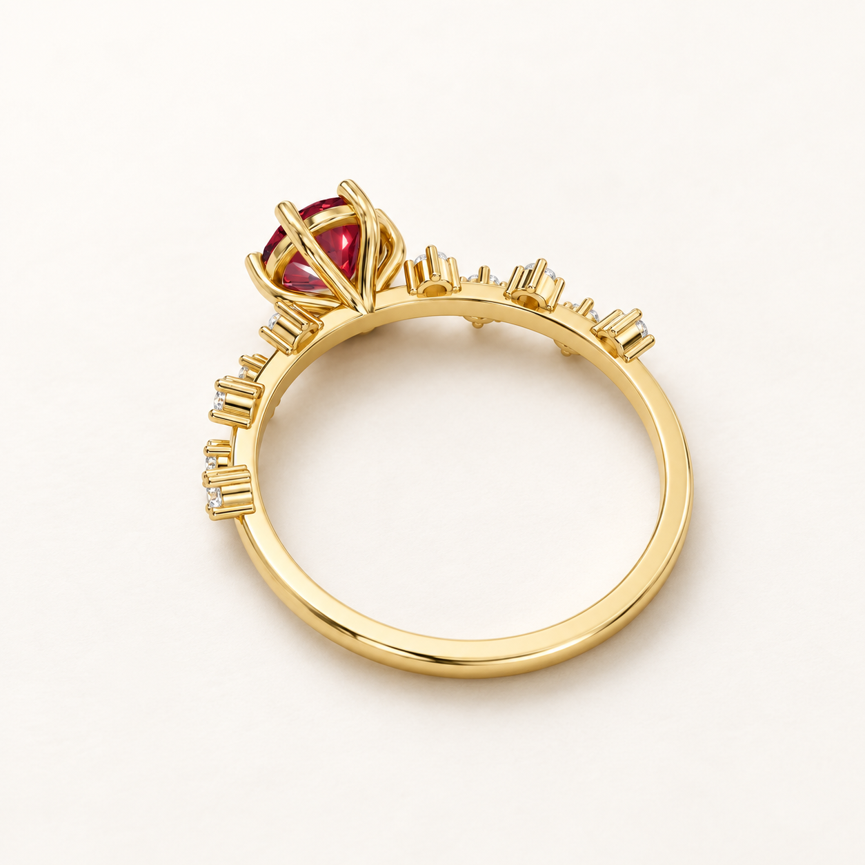0.81 CT Round Cut Ruby Red Gemstone Ring in 10K 14K 18K Yellow Gold, White Gold & Rose Gold | Graduated Accent Engagement Ring | NyvaaraLuxe - view 2