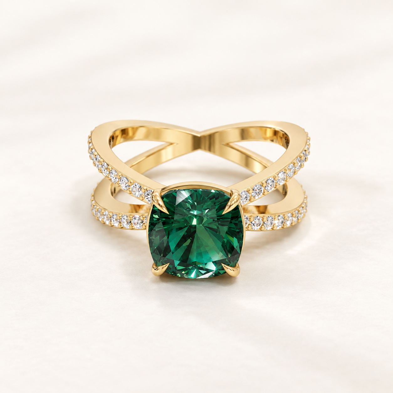2.65 CT Cushion Cut Emerald Green Gemstone Ring in 10K 14K 18K Yellow Gold, White Gold & Rose Gold | Criss Cross Double Band Engagement Ring | NyvaaraLuxe