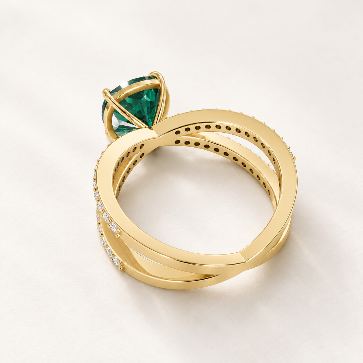 2.65 CT Cushion Cut Emerald Green Gemstone Ring in 10K 14K 18K Yellow Gold, White Gold & Rose Gold | Criss Cross Double Band Engagement Ring | NyvaaraLuxe - view 2
