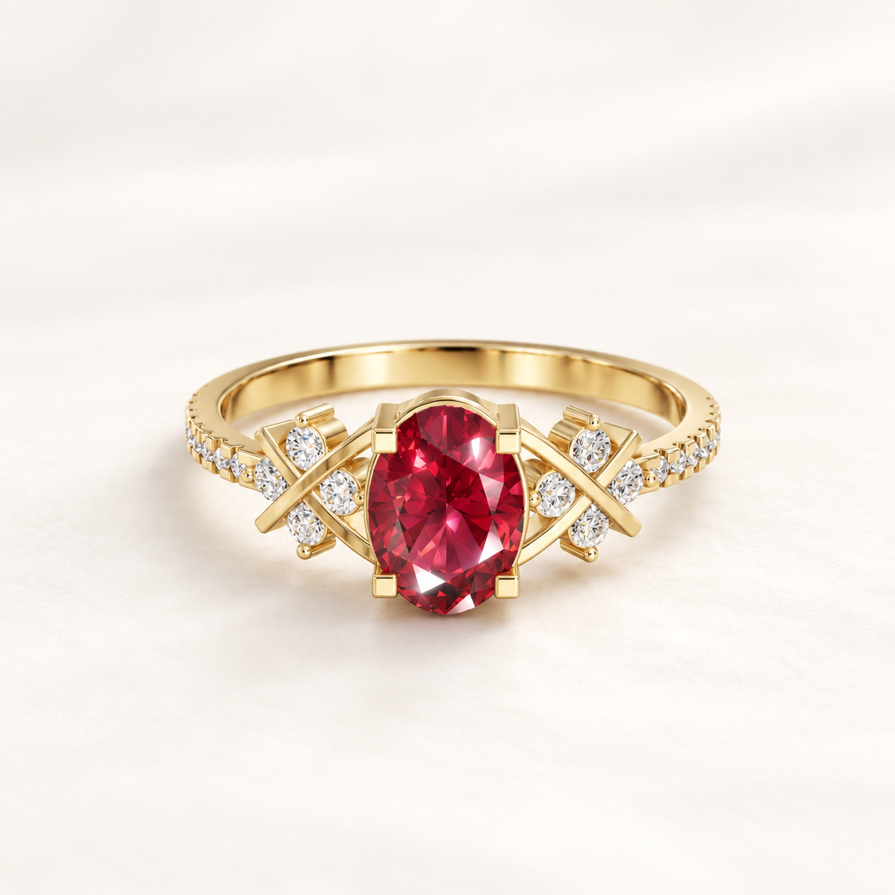 0.66 CT Oval Cut Ruby Red Gemstone Ring in 10K 14K 18K Yellow Gold, White Gold & Rose Gold | Geometric Criss Cross Engagement Ring | NyvaaraLuxe