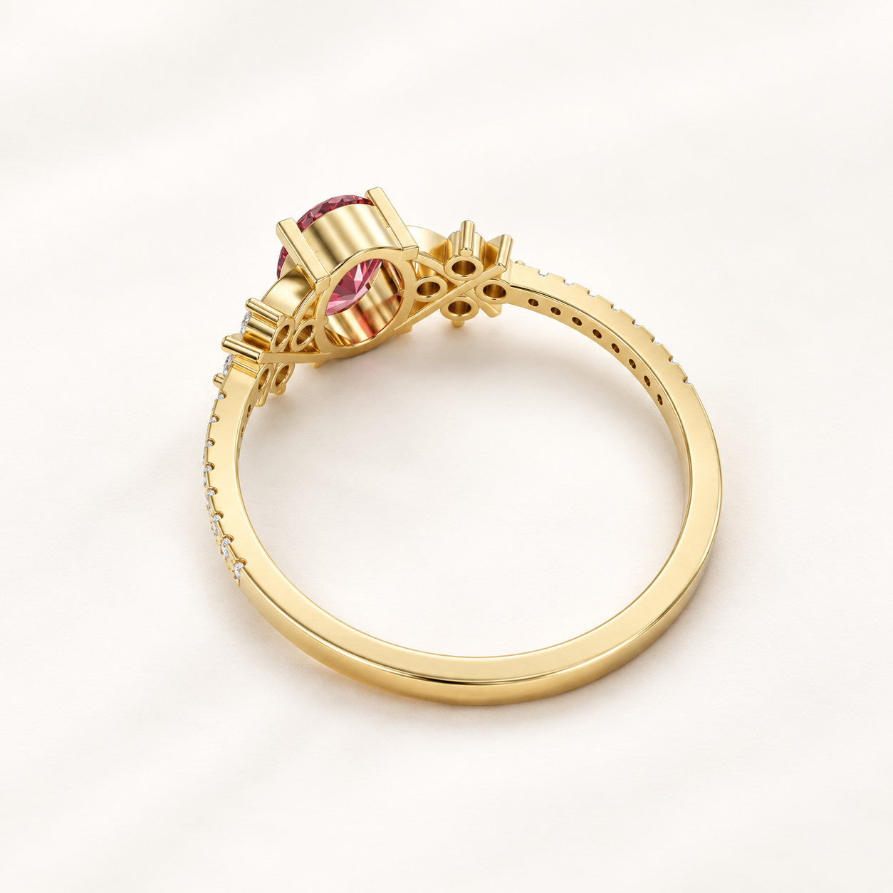 0.66 CT Oval Cut Ruby Red Gemstone Ring in 10K 14K 18K Yellow Gold, White Gold & Rose Gold | Geometric Criss Cross Engagement Ring | NyvaaraLuxe - view 2