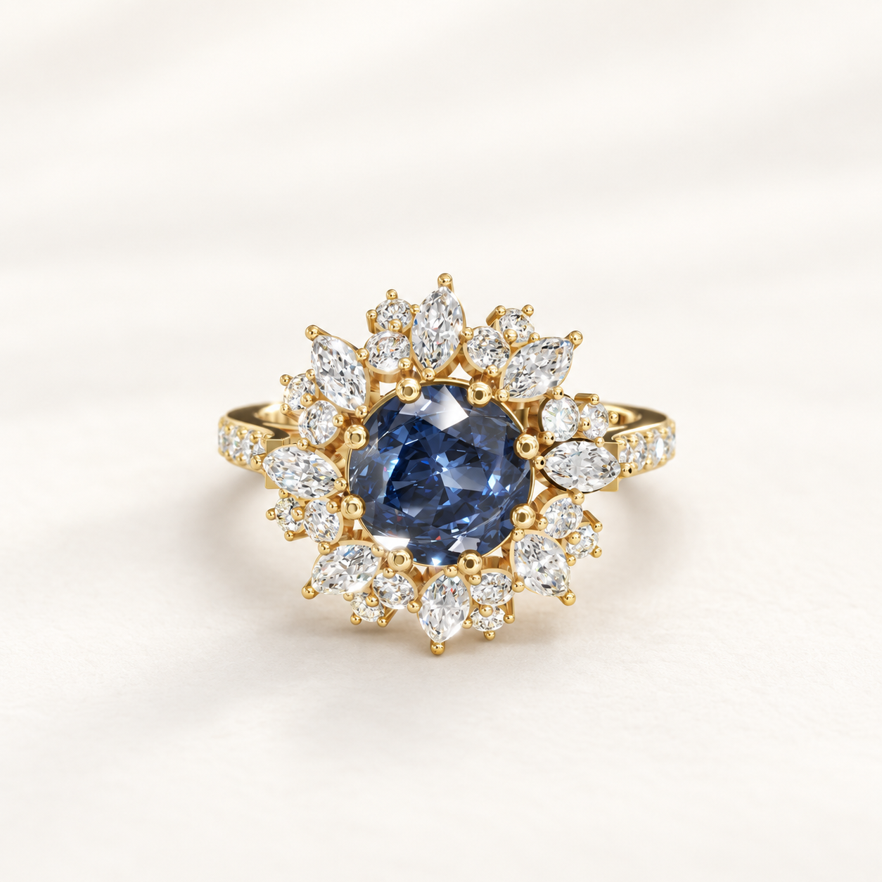 1.29 CT Round Cut Sapphire Blue Gemstone Ring in 10K 14K 18K Yellow Gold, White Gold & Rose Gold | Floral Halo Engagement Ring | NyvaaraLuxe