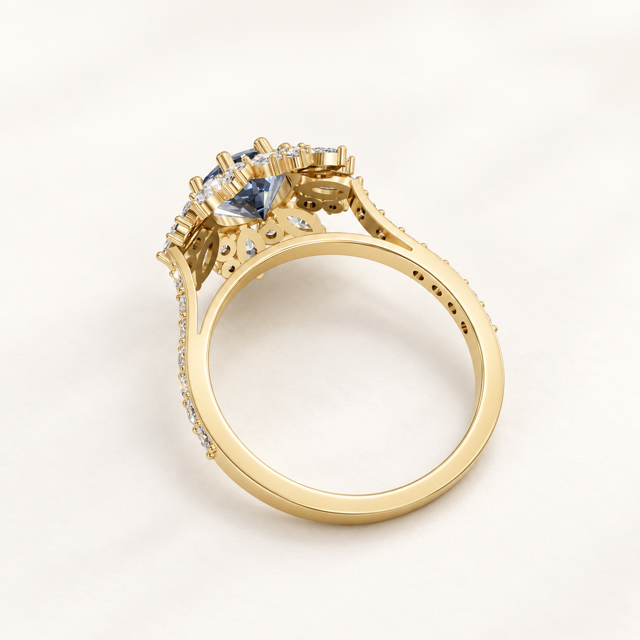 1.29 CT Round Cut Sapphire Blue Gemstone Ring in 10K 14K 18K Yellow Gold, White Gold & Rose Gold | Floral Halo Engagement Ring | NyvaaraLuxe - view 2