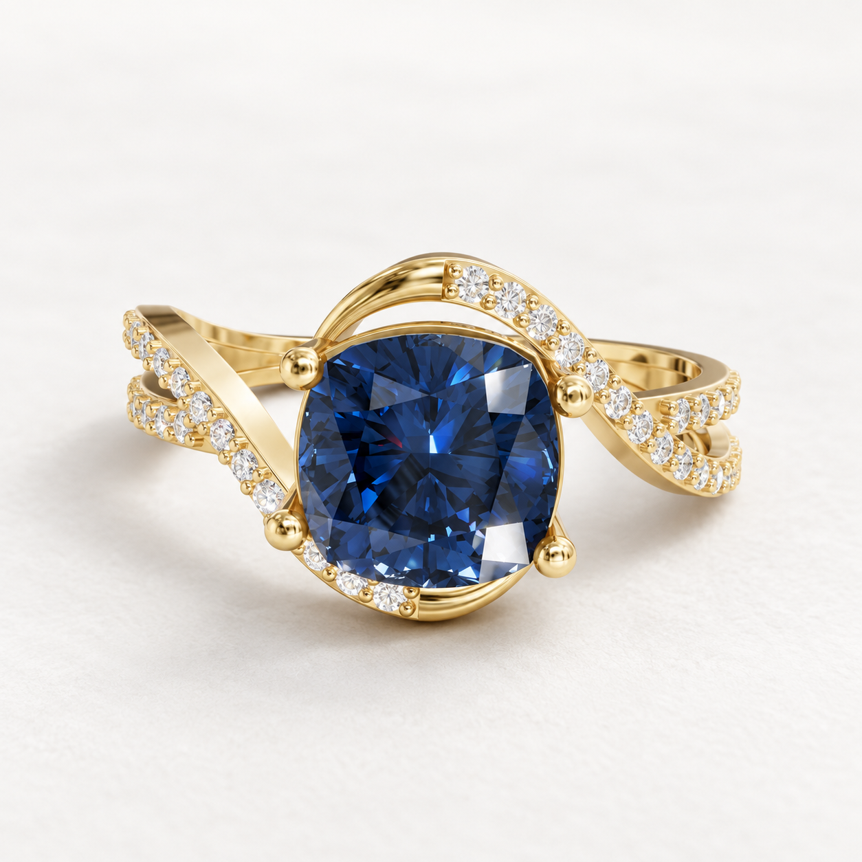 1.78 CT Cushion Cut Sapphire Blue Gemstone Ring in 10K 14K 18K Yellow Gold, White Gold & Rose Gold | Swirl Crossover Engagement Ring | NyvaaraLuxe