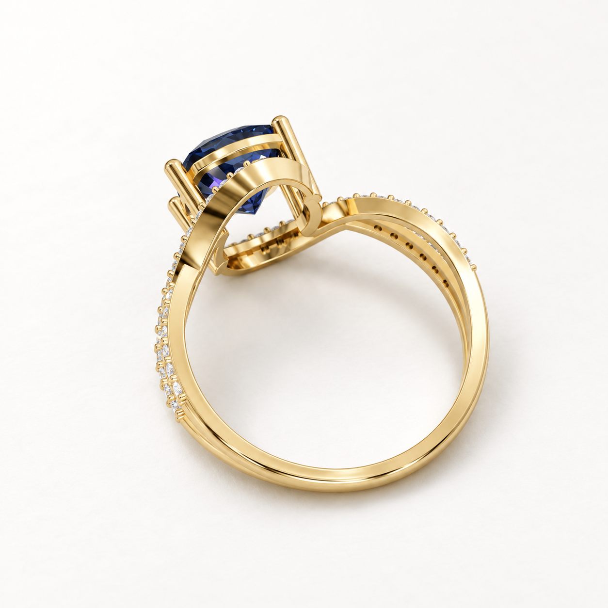 1.78 CT Cushion Cut Sapphire Blue Gemstone Ring in 10K 14K 18K Yellow Gold, White Gold & Rose Gold | Swirl Crossover Engagement Ring | NyvaaraLuxe - view 2