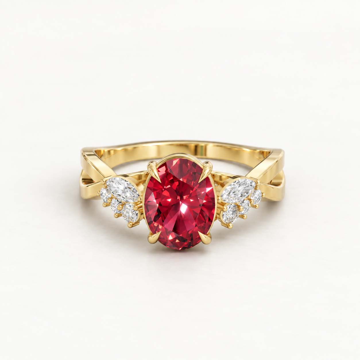 1.09 CT Oval Cut Ruby Red Gemstone Ring in 10K 14K 18K Yellow Gold, White Gold & Rose Gold | Marquise Floral Accent Criss Cross Engagement Ring | NyvaaraLuxe