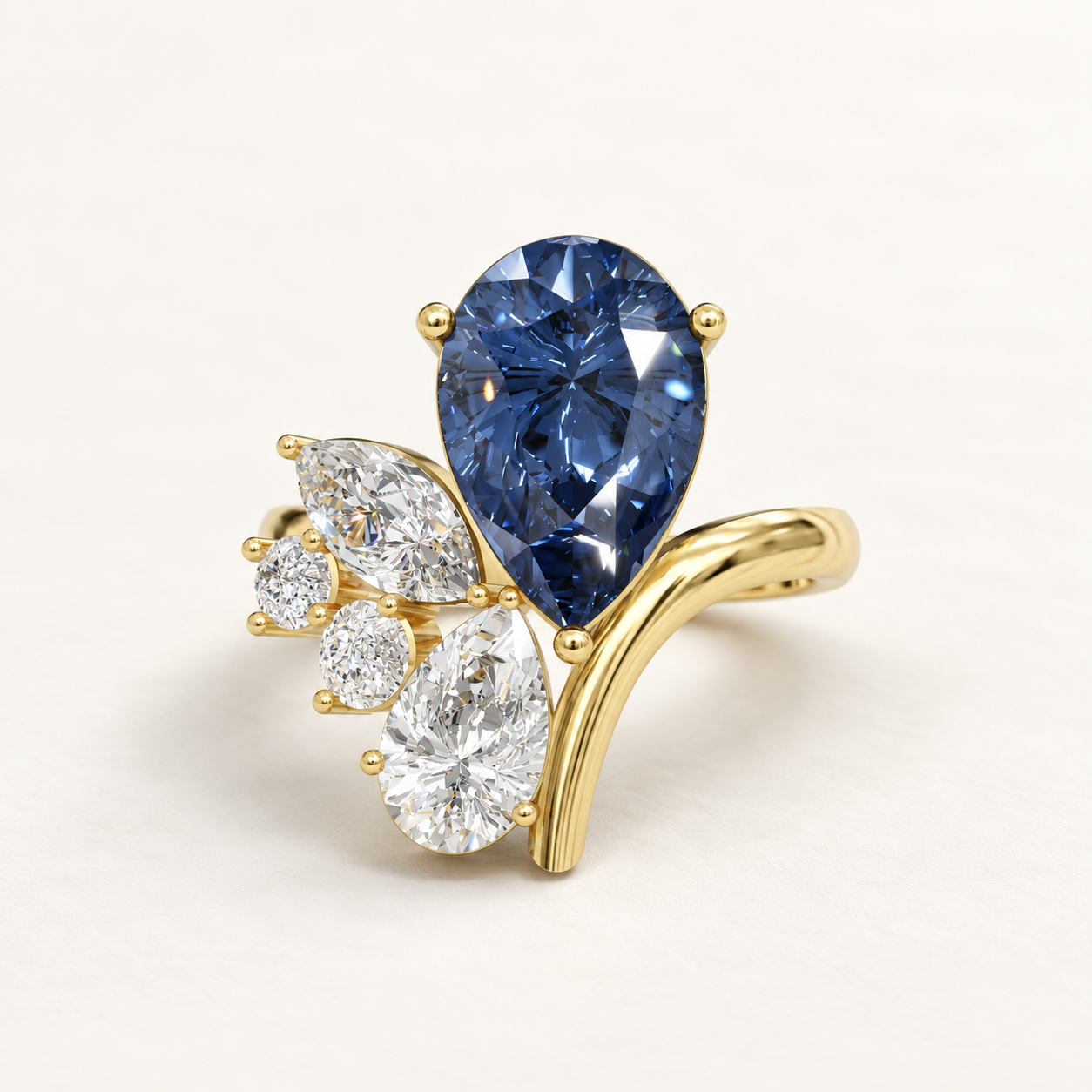 2.84 CT Pear Cut Sapphire Blue Gemstone Ring in 10K 14K 18K Yellow Gold, White Gold & Rose Gold | Asymmetrical Floral Cluster Engagement Ring | NyvaaraLux