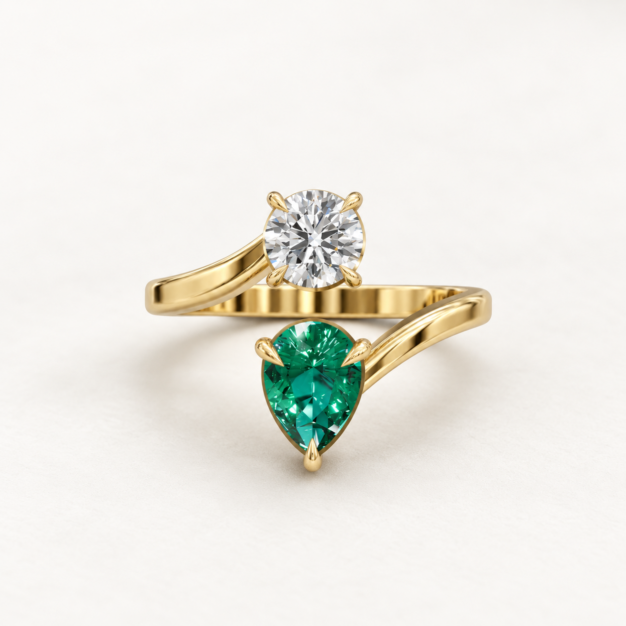 0.65 CT Pear Cut Emerald Green Gemstone & Round White Stone Toi et Moi Ring in 10K 14K 18K Yellow Gold, White Gold & Rose Gold | Open Crossover Engagement Ring | NyvaaraLuxe