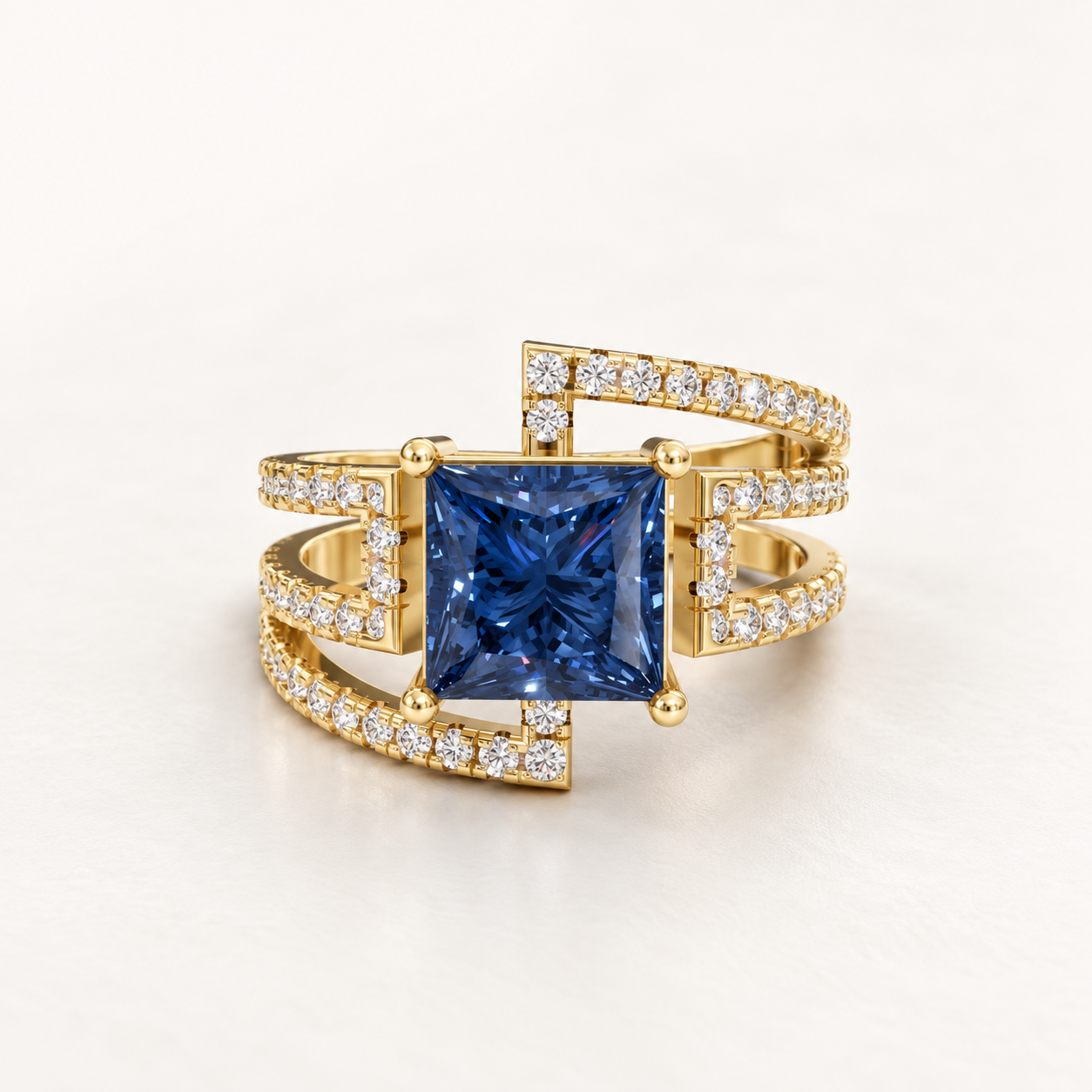 2.15 CT Princess Cut Sapphire Blue Gemstone Ring in 10K 14K 18K Yellow Gold, White Gold & Rose Gold | Geometric Multi-Row Openwork Engagement Ring | NyvaaraLuxe