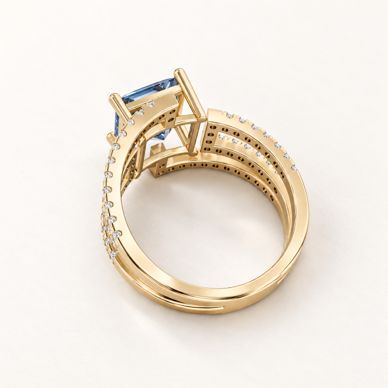2.15 CT Princess Cut Sapphire Blue Gemstone Ring in 10K 14K 18K Yellow Gold, White Gold & Rose Gold | Geometric Multi-Row Openwork Engagement Ring | NyvaaraLuxe - view 2