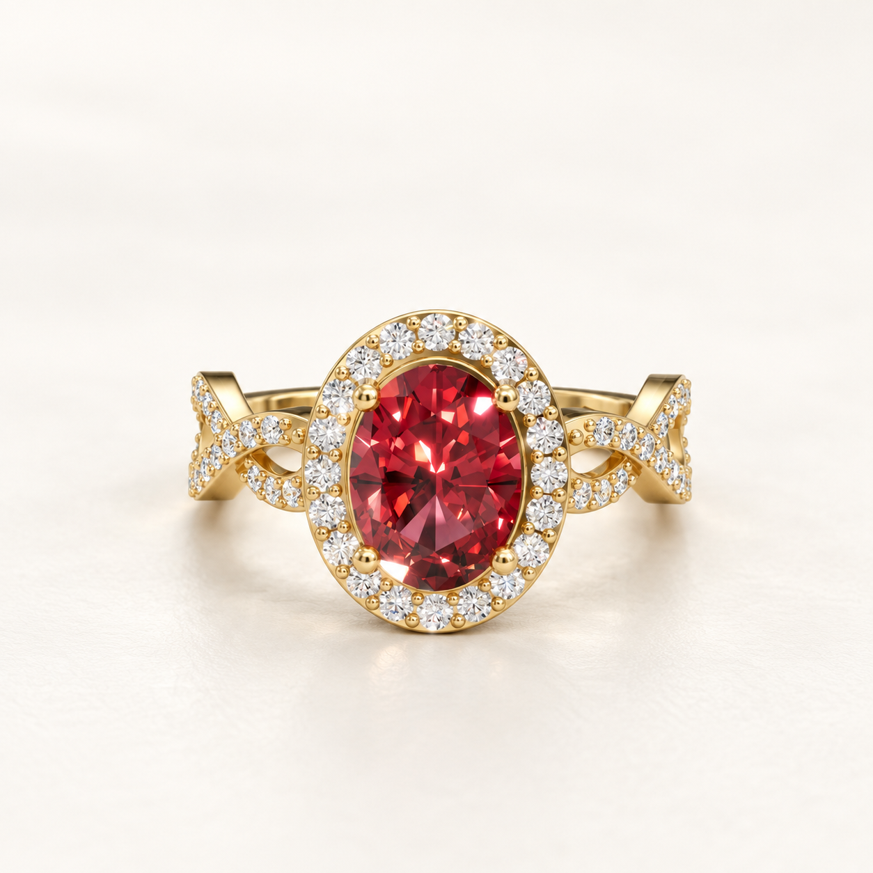 1.09 CT Oval Cut Ruby Red Gemstone Ring in 10K 14K 18K Yellow Gold, White Gold & Rose Gold | Diamond-Style Halo Criss Cross Engagement Ring | NyvaaraLuxe
