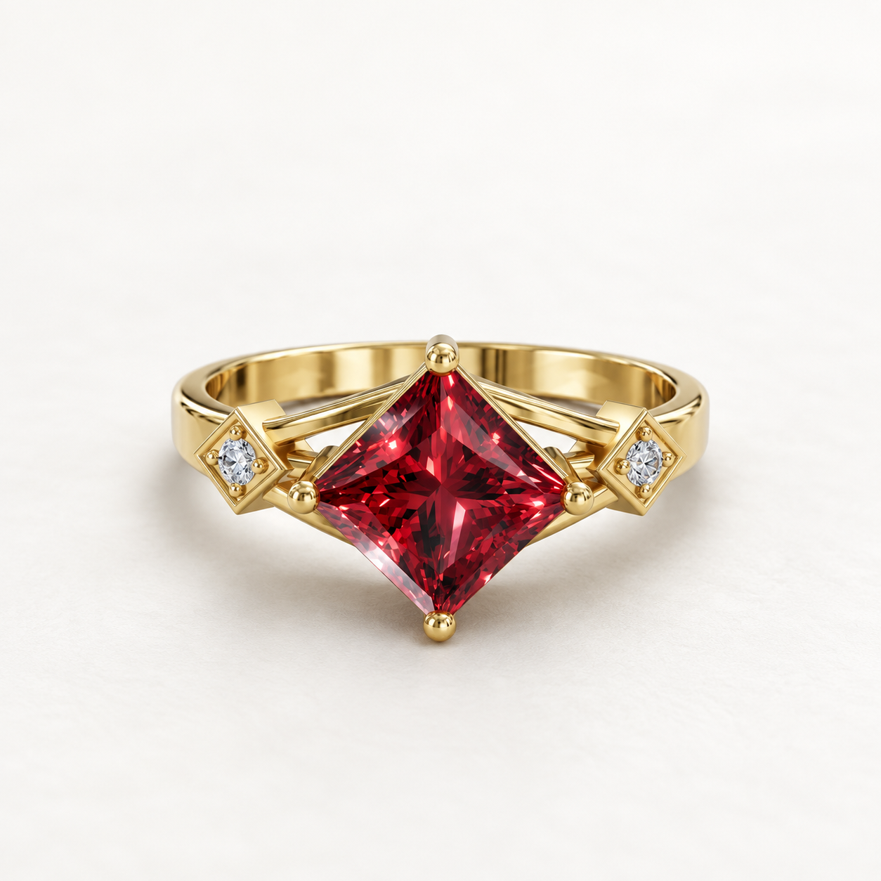 1.35 CT Princess Cut Ruby Red Gemstone Ring in 10K 14K 18K Yellow Gold, White Gold & Rose Gold | Geometric Diamond-Shaped Three Stone Engagement Ring | NyvaaraLuxe