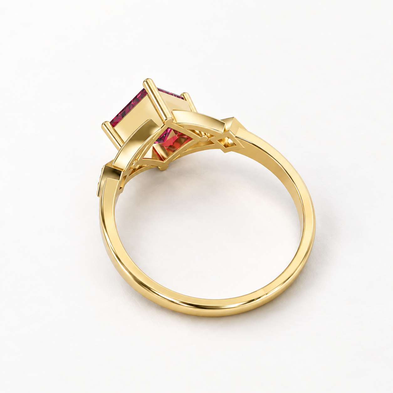 1.35 CT Princess Cut Ruby Red Gemstone Ring in 10K 14K 18K Yellow Gold, White Gold & Rose Gold | Geometric Diamond-Shaped Three Stone Engagement Ring | NyvaaraLuxe - view 2
