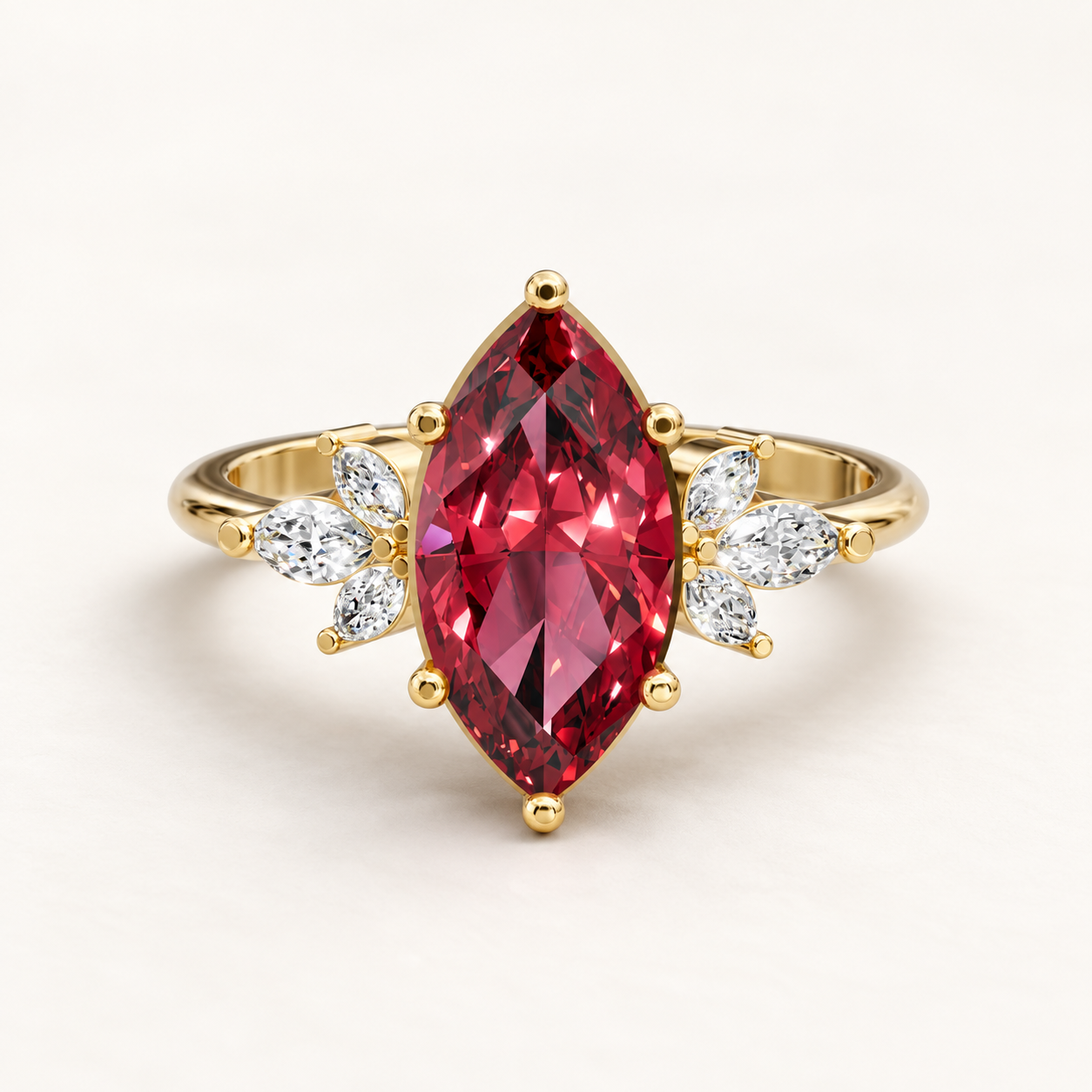 1.41 CT Marquise Cut Ruby Red Gemstone Ring in 10K 14K 18K Yellow Gold, White Gold & Rose Gold | Floral Leaf Accent Engagement Ring | NyvaaraLuxe