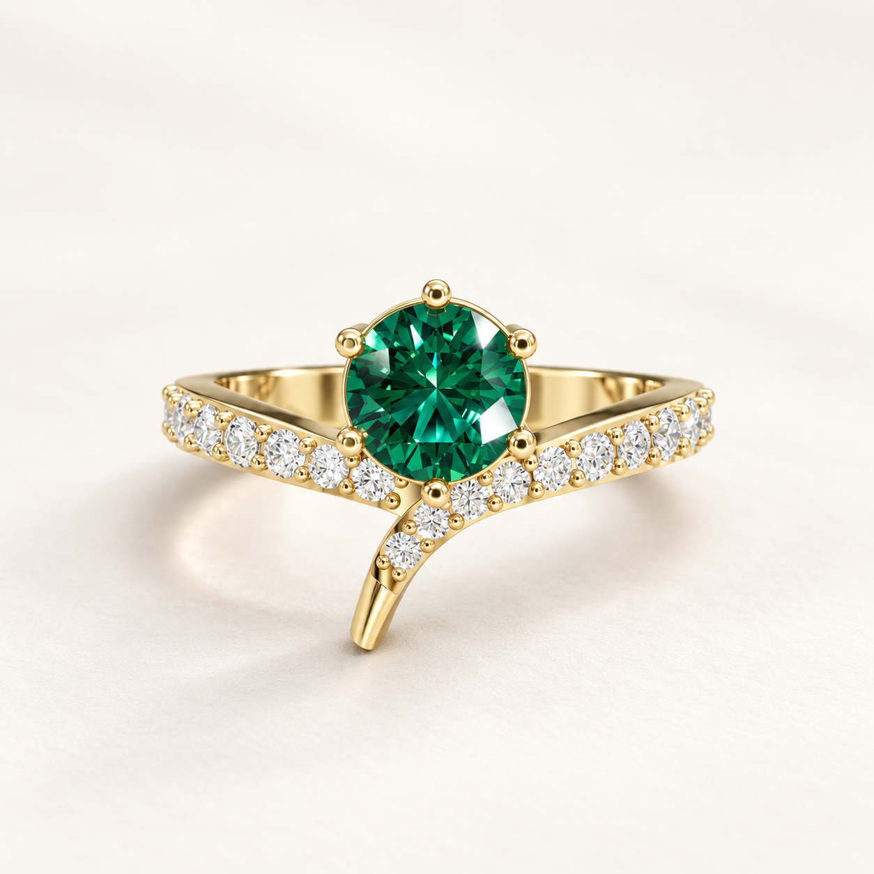 0.81 CT Round Cut Emerald Green Gemstone Ring in 10K 14K 18K Yellow Gold, White Gold & Rose Gold | V-Shaped Curved Pavé Engagement Ring | NyvaaraLuxe