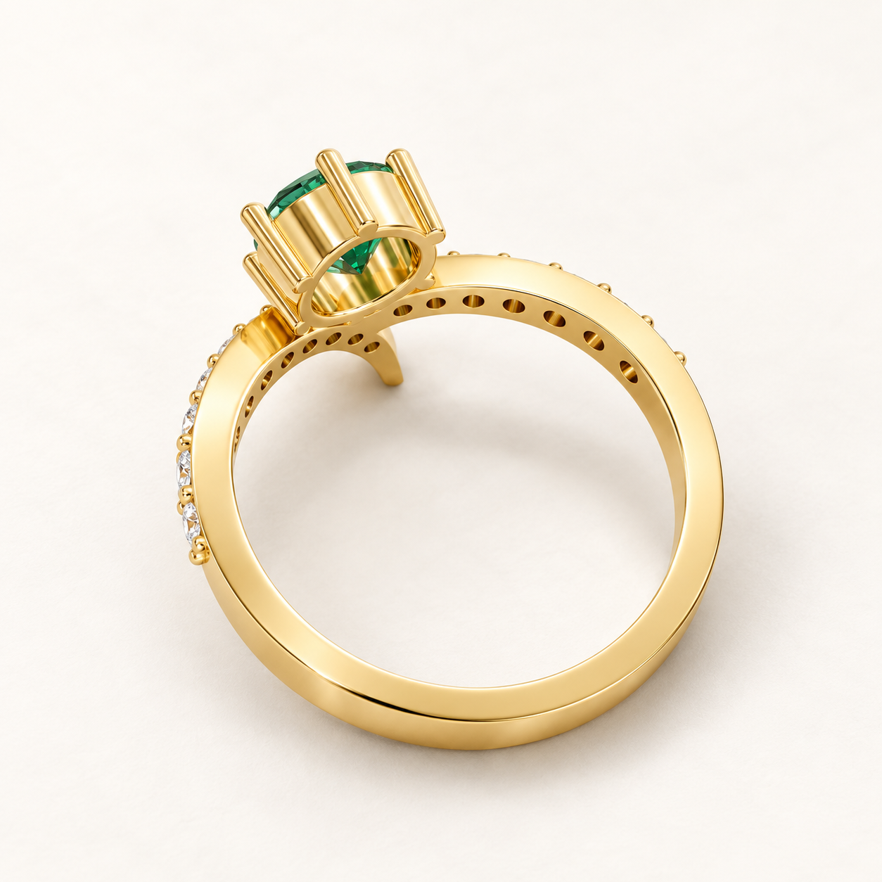 0.81 CT Round Cut Emerald Green Gemstone Ring in 10K 14K 18K Yellow Gold, White Gold & Rose Gold | V-Shaped Curved Pavé Engagement Ring | NyvaaraLuxe - view 2