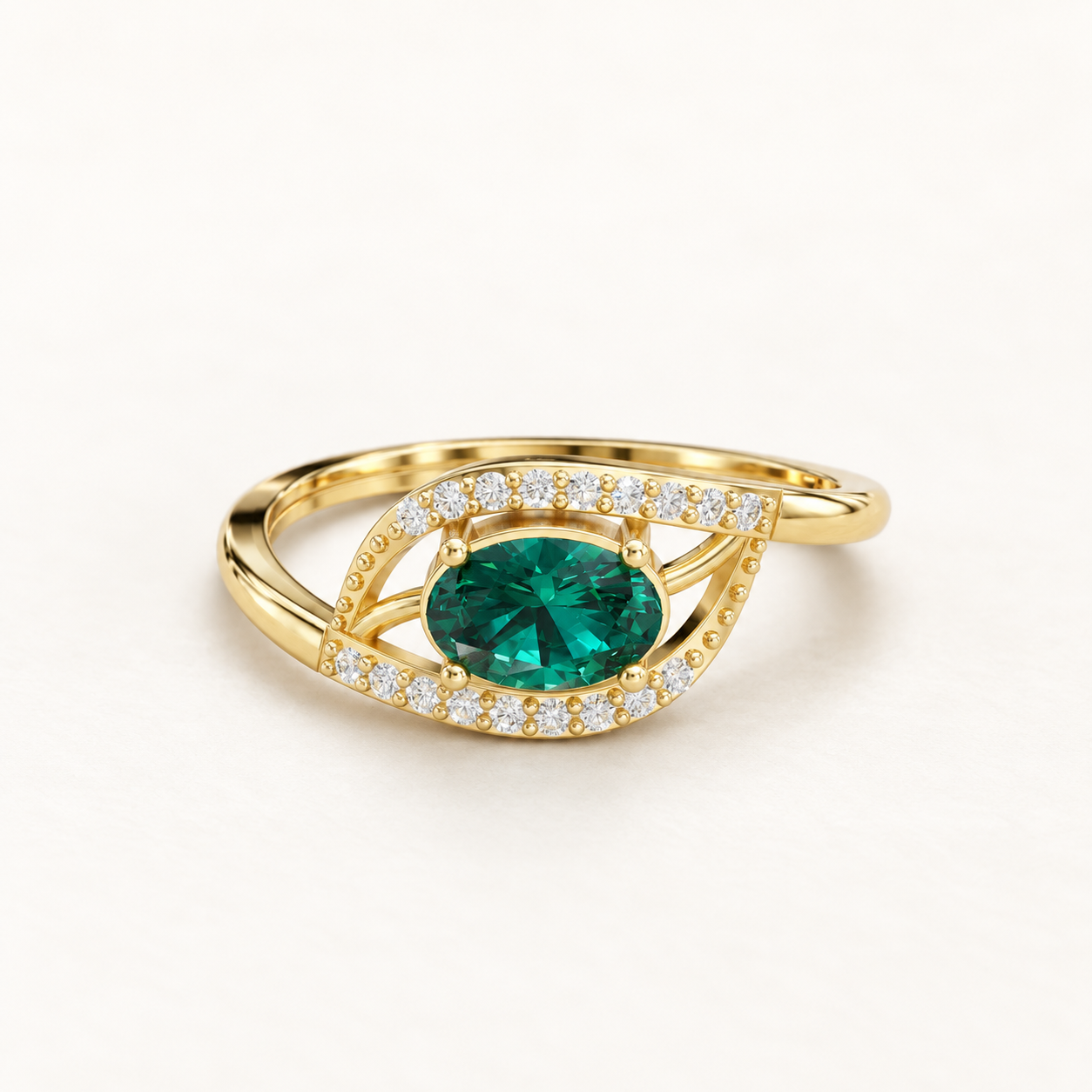 0.36 CT Oval Cut Emerald Green Gemstone Ring in 10K 14K 18K Yellow Gold, White Gold & Rose Gold | Eye-Shaped Pavé Halo Openwork Engagement Ring | NyvaaraLuxe