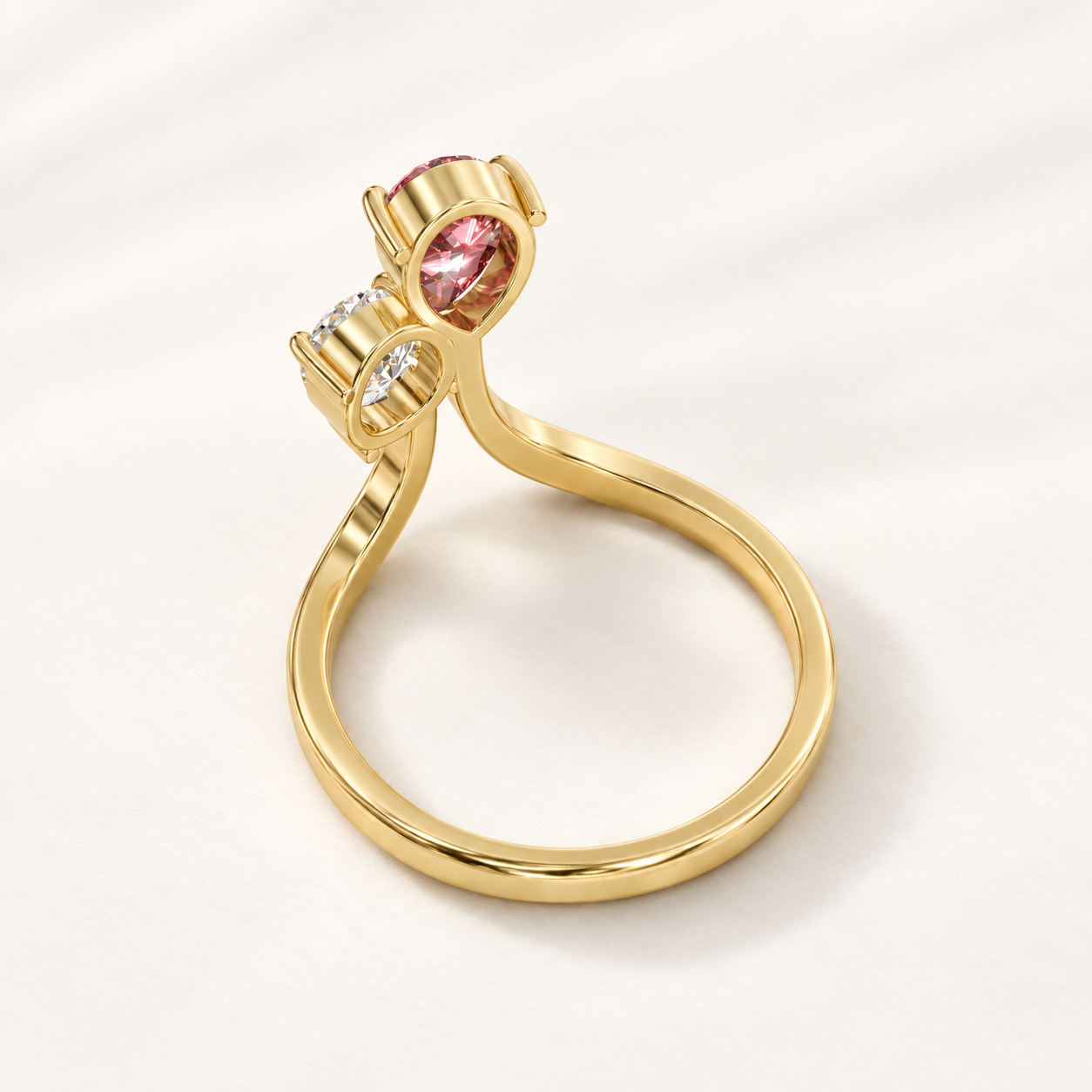 0.65 CT Pear Cut Ruby Red Gemstone Toi et Moi Ring in 10K 14K 18K Yellow Gold, White Gold & Rose Gold | Round White Stone Open Crossover Engagement Ring | NyvaaraLuxe - view 2
