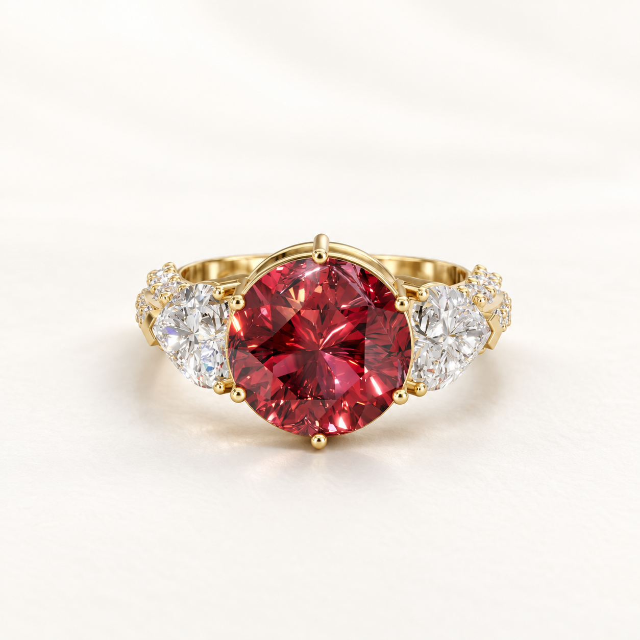 2.92 CT Round Cut Ruby Red Gemstone Ring in 10K 14K 18K Yellow Gold, White Gold & Rose Gold | Pear Side Stone Three Stone Engagement Ring | NyvaaraLuxe