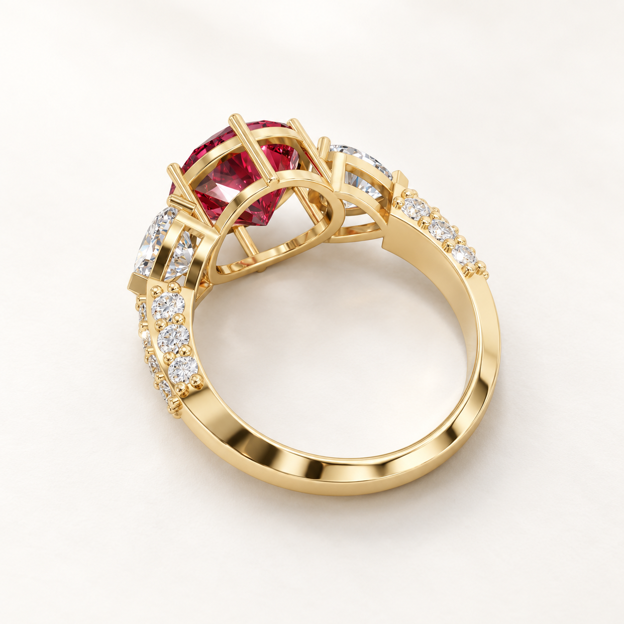 2.92 CT Round Cut Ruby Red Gemstone Ring in 10K 14K 18K Yellow Gold, White Gold & Rose Gold | Pear Side Stone Three Stone Engagement Ring | NyvaaraLuxe - view 2