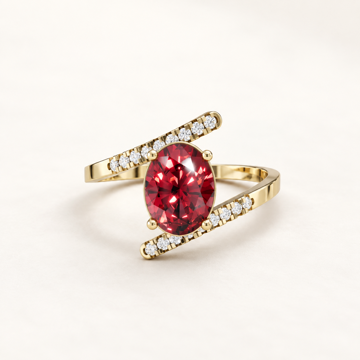 1.10 CT Oval Cut Ruby Red Gemstone Ring in 10K 14K 18K Yellow Gold, White Gold & Rose Gold | Asymmetrical Bypass Pavé Engagement Ring | NyvaaraLuxe