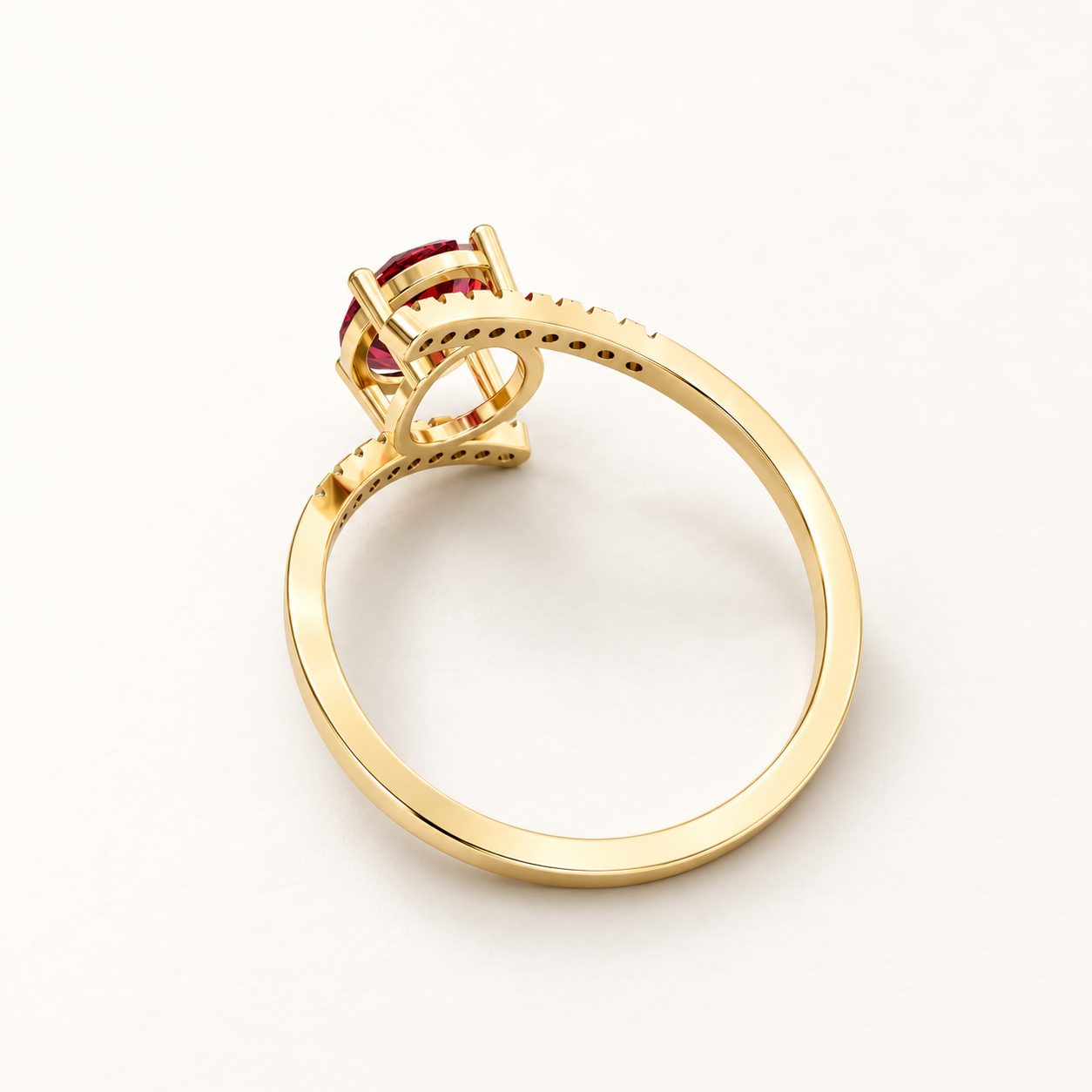 1.10 CT Oval Cut Ruby Red Gemstone Ring in 10K 14K 18K Yellow Gold, White Gold & Rose Gold | Asymmetrical Bypass Pavé Engagement Ring | NyvaaraLuxe - view 2