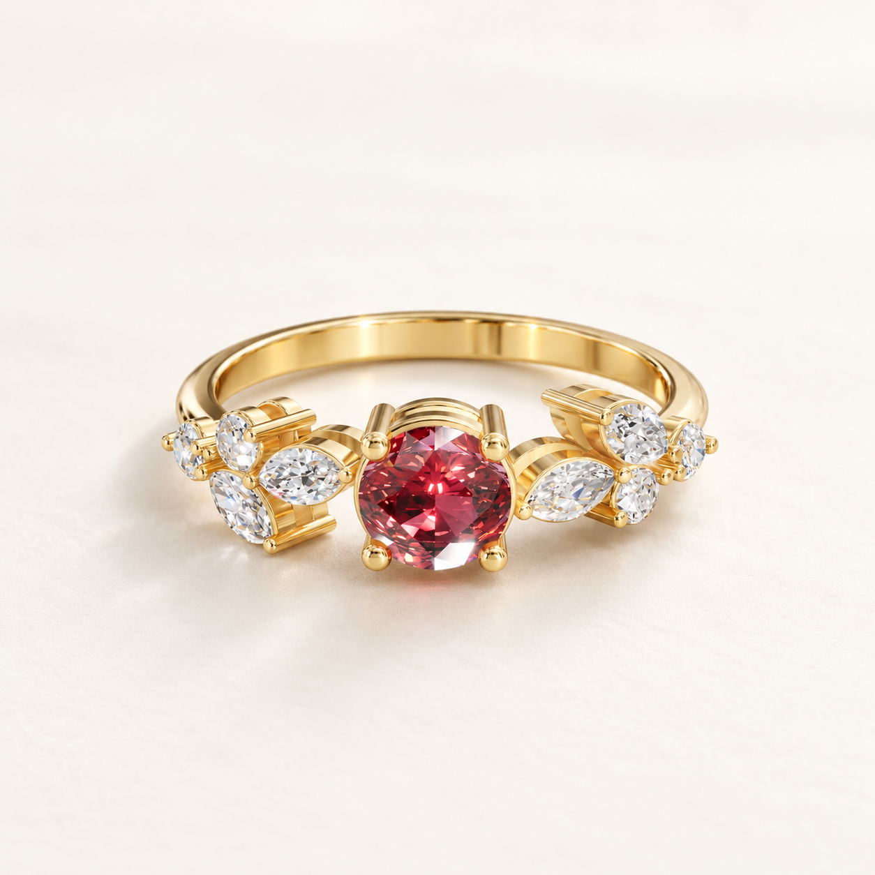 1.10 CT Oval Cut Ruby Red Gemstone Ring in 10K 14K 18K Yellow Gold, White Gold & Rose Gold | Asymmetrical Bypass Pavé Engagement Ring | NyvaaraLuxe