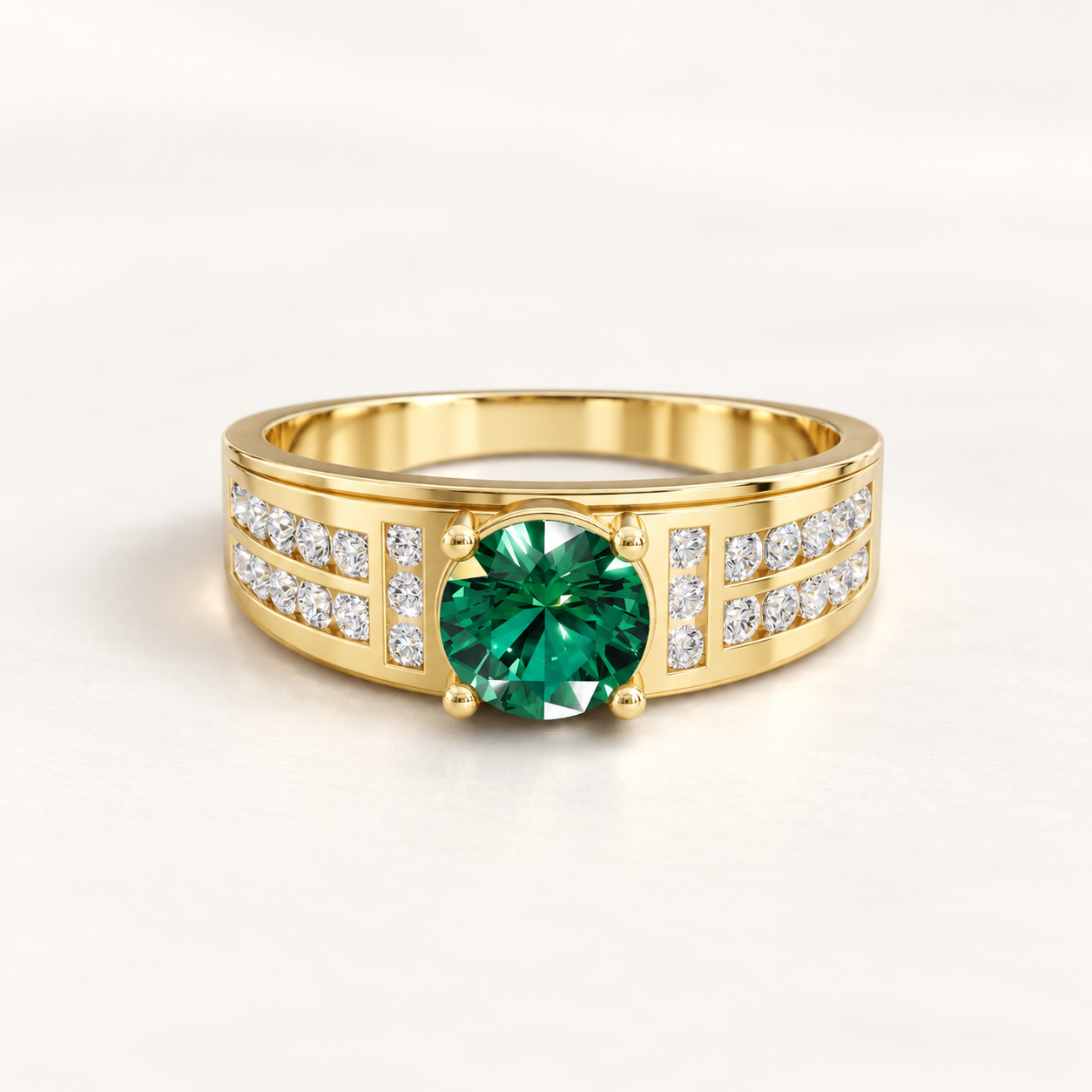 0.65 CT Round Cut Emerald Green Gemstone Ring in 10K 14K 18K Yellow Gold, White Gold & Rose Gold | Wide Double Row White Stone Accent Engagement Ring | NyvaaraLuxe