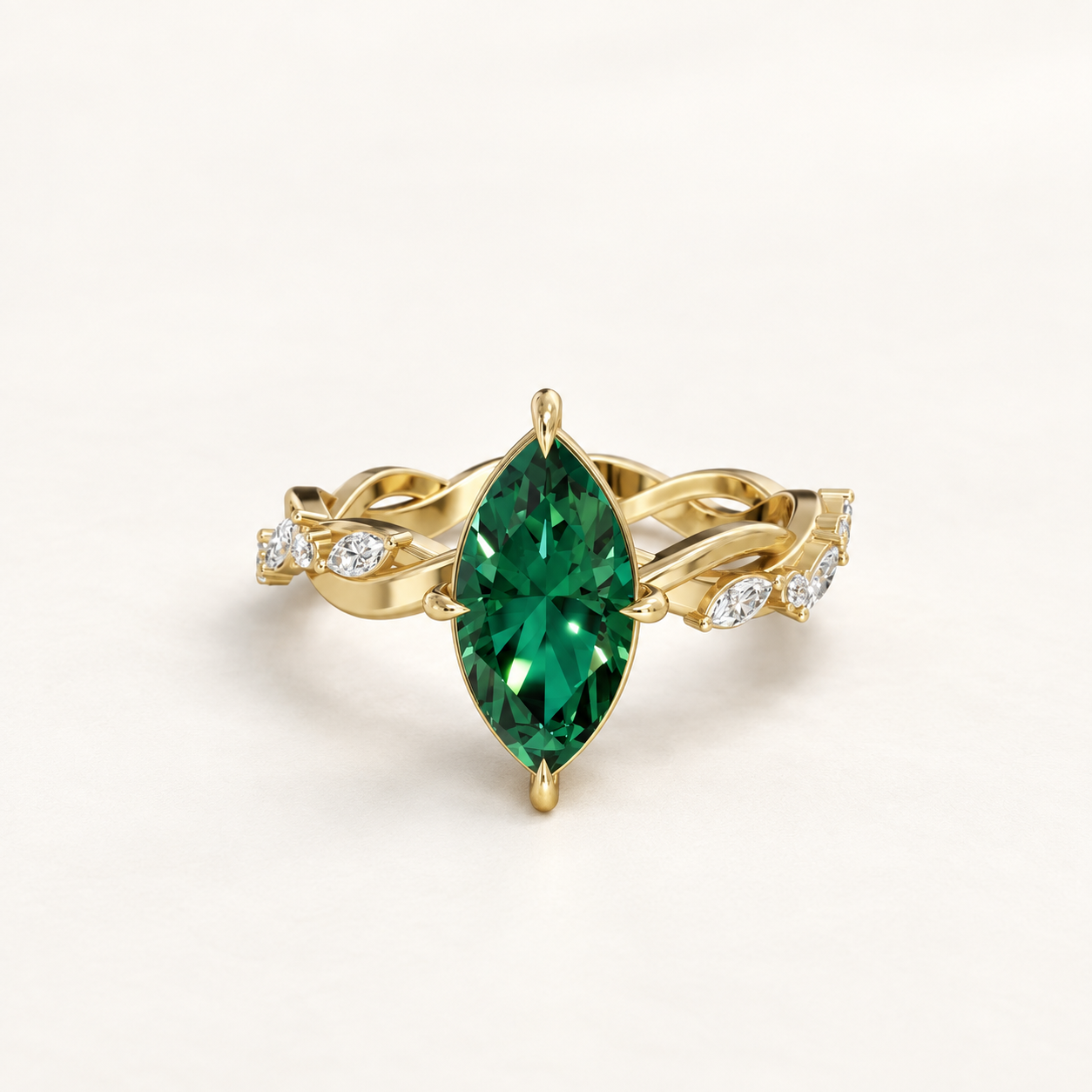 0.82 CT Marquise Cut Emerald Green Gemstone Ring in 10K 14K 18K Yellow Gold, White Gold & Rose Gold | Infinity Twist Leaf Accent Engagement Ring | NyvaaraLuxe