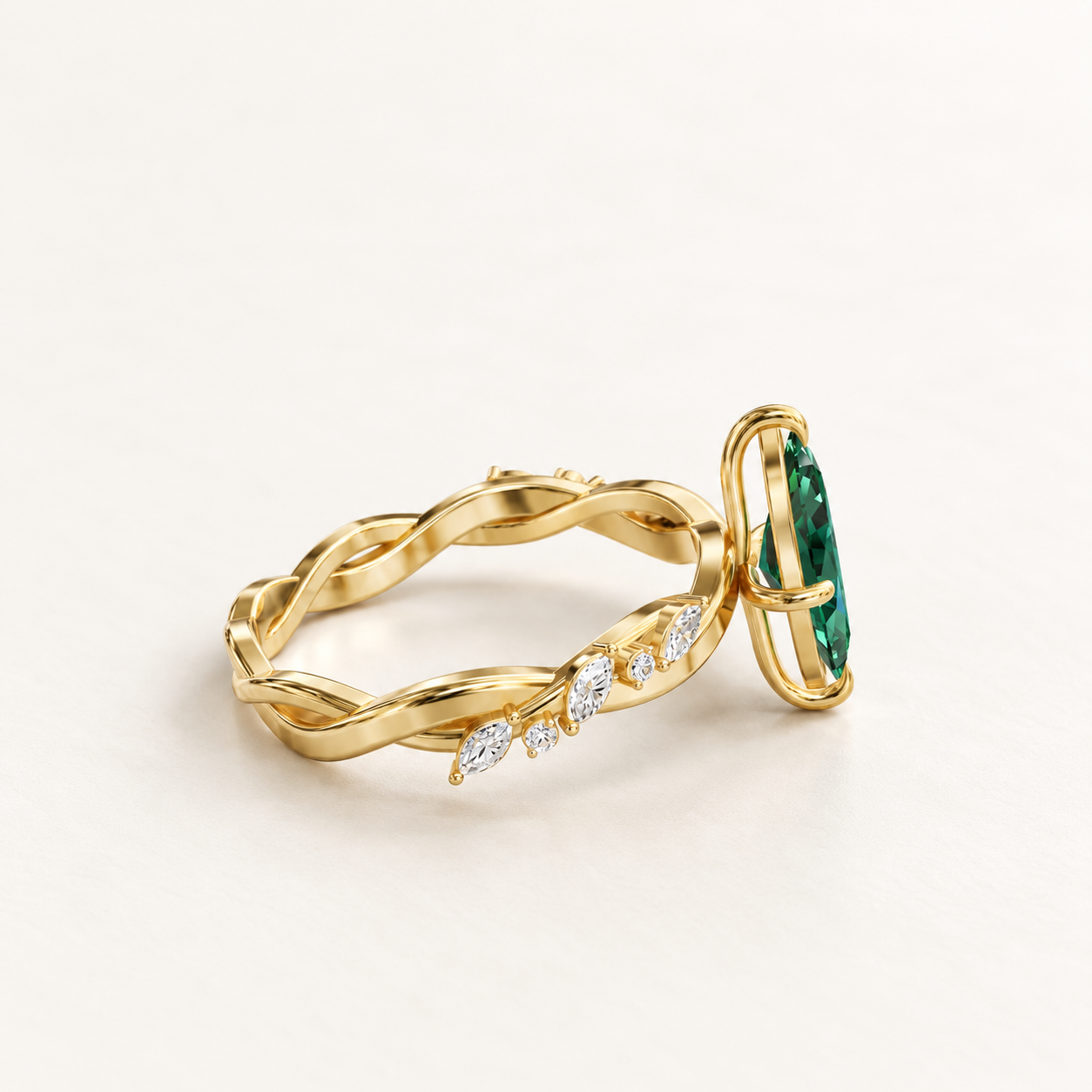 0.82 CT Marquise Cut Emerald Green Gemstone Ring in 10K 14K 18K Yellow Gold, White Gold & Rose Gold | Infinity Twist Leaf Accent Engagement Ring | NyvaaraLuxe - view 2