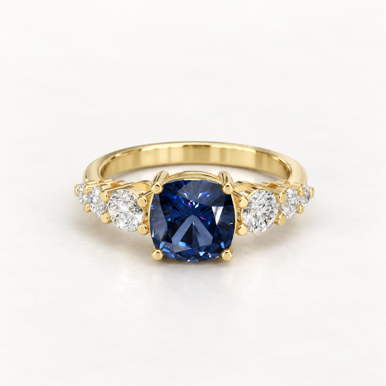 1.42 CT Cushion Cut Royal Blue Gemstone Ring in 10K 14K 18K Yellow Gold, White Gold & Rose Gold | Graduated Round White Stone Engagement Ring | NyvaaraLuxe