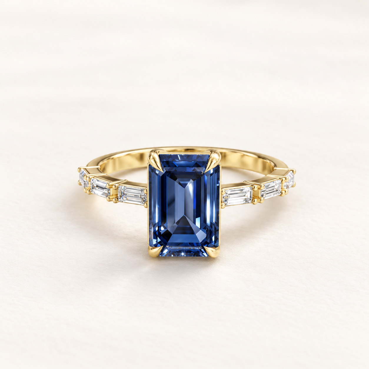 2.19 CT Emerald Cut Royal Blue Gemstone Ring in 10K 14K 18K Yellow Gold, White Gold & Rose Gold | Graduated Baguette Side Stone Engagement Ring | NyvaaraLuxe