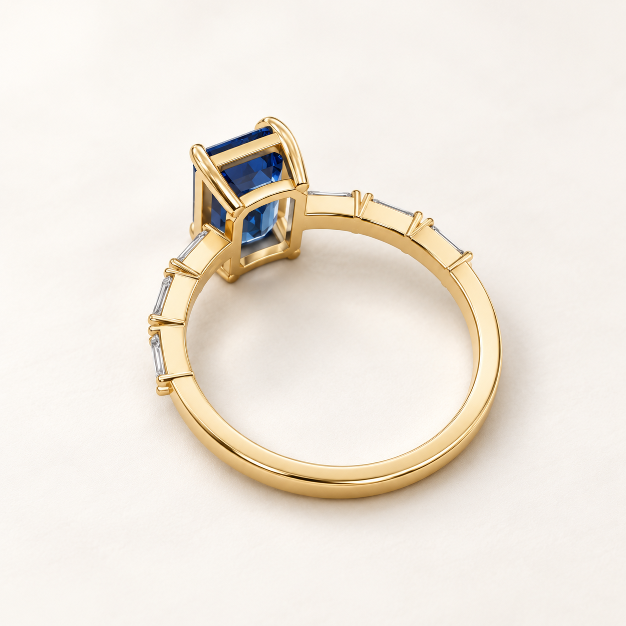 2.19 CT Emerald Cut Royal Blue Gemstone Ring in 10K 14K 18K Yellow Gold, White Gold & Rose Gold | Graduated Baguette Side Stone Engagement Ring | NyvaaraLuxe - view 2
