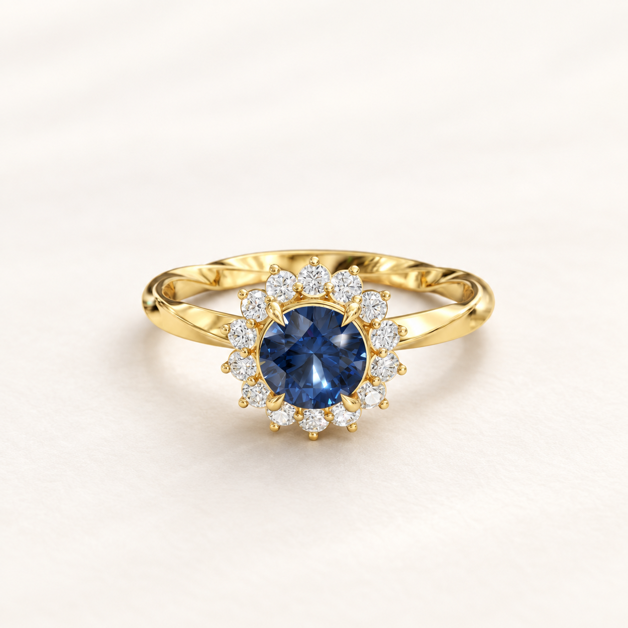 0.49 CT Round Cut Royal Blue Gemstone Ring in 10K 14K 18K Yellow Gold, White Gold & Rose Gold | Floral Halo Twist Band Engagement Ring | NyvaaraLuxe
