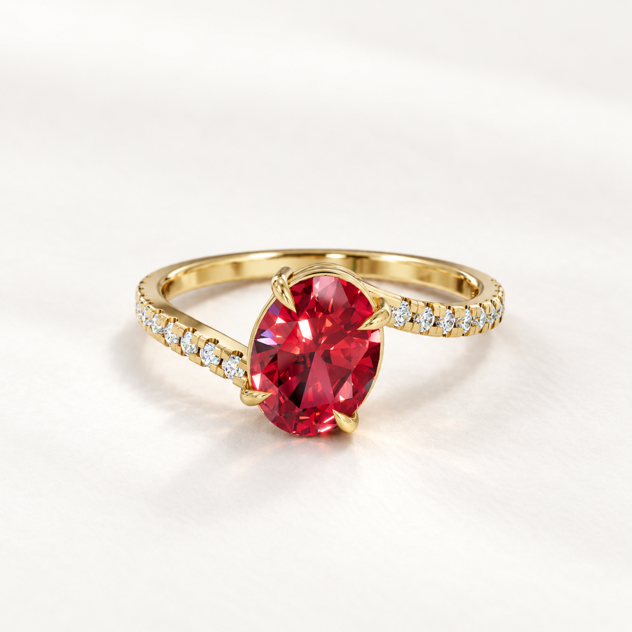 1.09 CT Oval Cut Ruby Red Gemstone Ring in 10K 14K 18K Yellow Gold, White Gold & Rose Gold | Asymmetrical Pavé Bypass Engagement Ring | NyvaaraLuxe