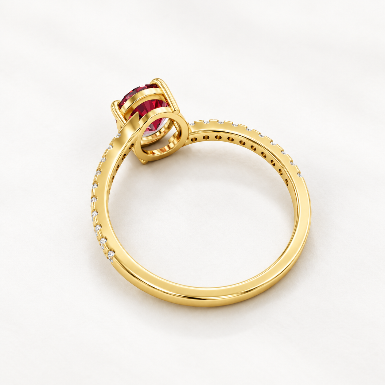 1.09 CT Oval Cut Ruby Red Gemstone Ring in 10K 14K 18K Yellow Gold, White Gold & Rose Gold | Asymmetrical Pavé Bypass Engagement Ring | NyvaaraLuxe - view 2