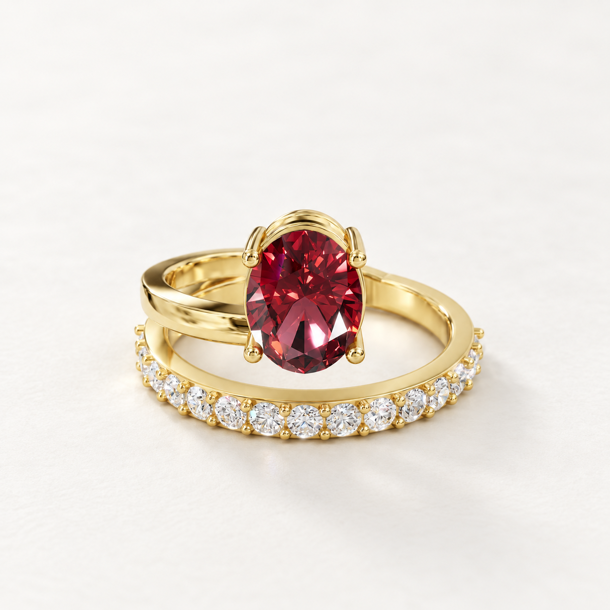 0.45 CT Oval Cut Ruby Red Gemstone Ring in 10K 14K 18K Yellow Gold, White Gold & Rose Gold | Floating Solitaire & Pavé Curved Band Engagement Ring | NyvaaraLuxe