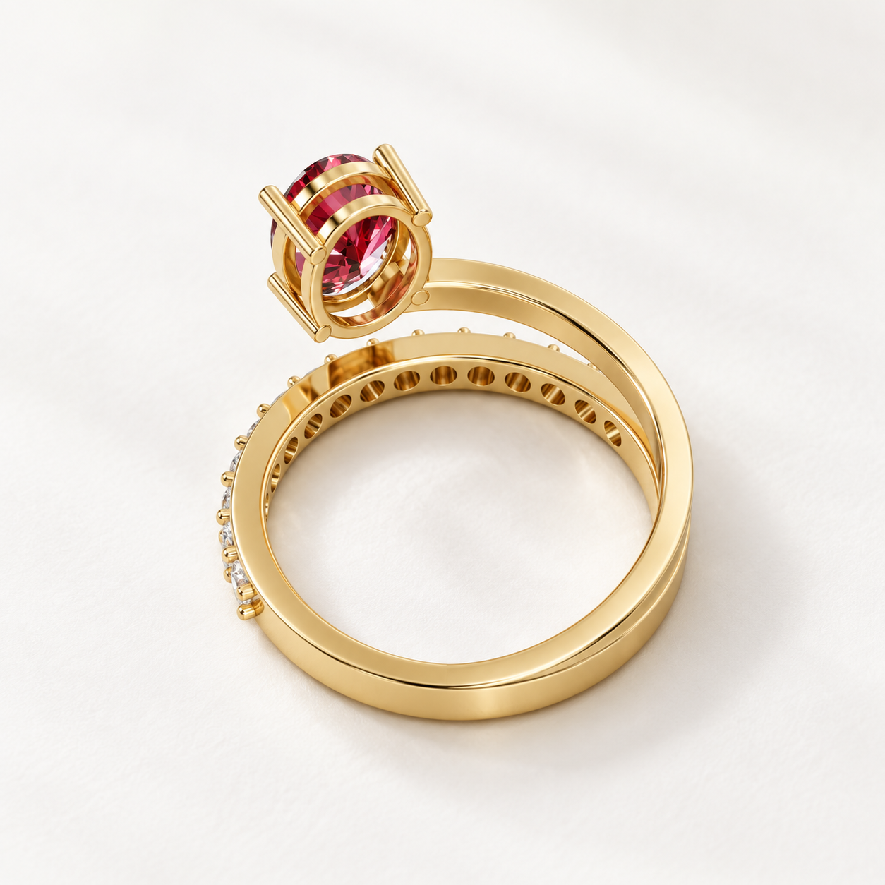 0.45 CT Oval Cut Ruby Red Gemstone Ring in 10K 14K 18K Yellow Gold, White Gold & Rose Gold | Floating Solitaire & Pavé Curved Band Engagement Ring | NyvaaraLuxe - view 2