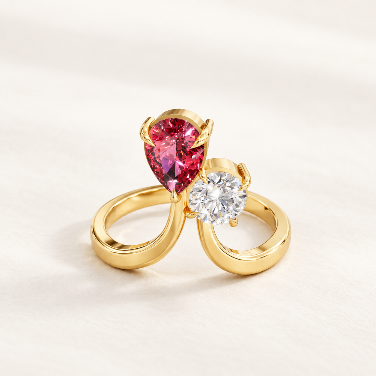 0.65 CT Pear Cut Ruby Red Gemstone Toi et Moi Ring in 10K 14K 18K Yellow Gold, White Gold & Rose Gold | Two Stone Open Crossover Engagement Ring | NyvaaraLuxe