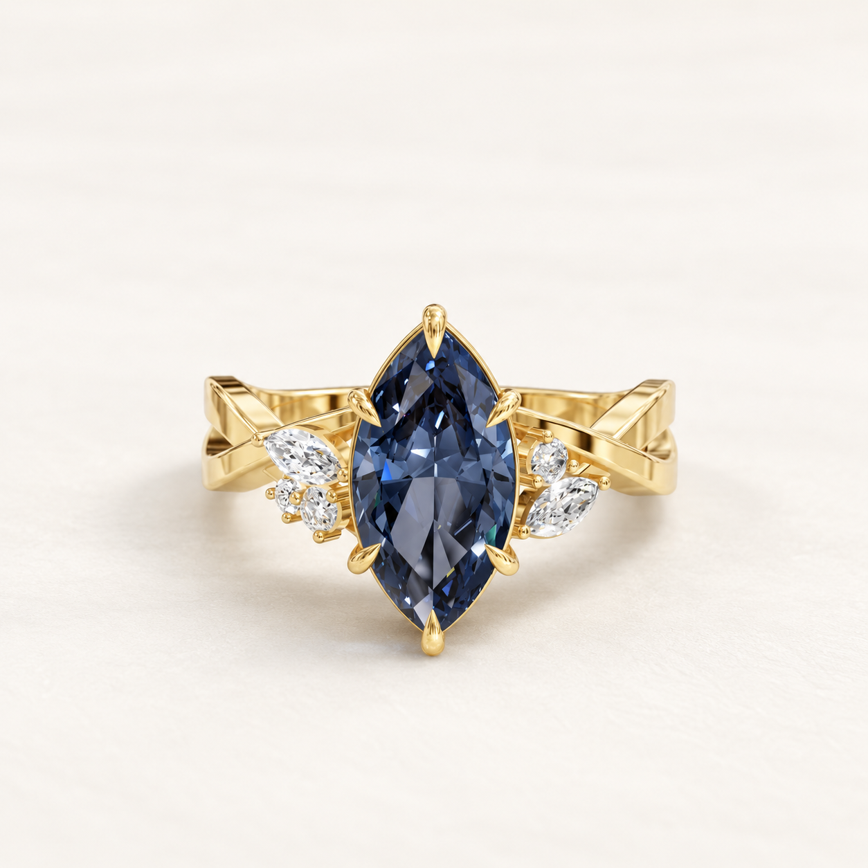 1.60 CT Marquise Cut Royal Blue Gemstone Ring in 10K 14K 18K Yellow Gold, White Gold & Rose Gold | Leaf Accent Crisscross Engagement Ring | NyvaaraLuxe