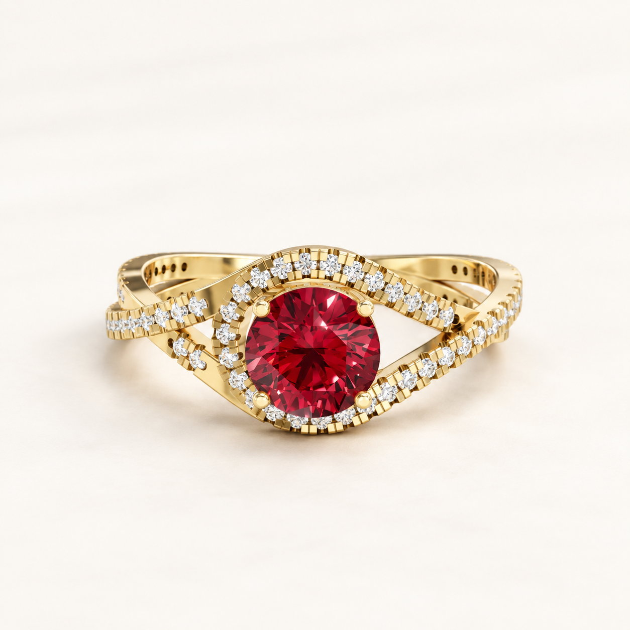 0.84 CT Round Cut Ruby Red Gemstone Ring in 10K 14K 18K Yellow Gold, White Gold & Rose Gold | Double Halo Crisscross Pavé Engagement Ring | NyvaaraLuxe