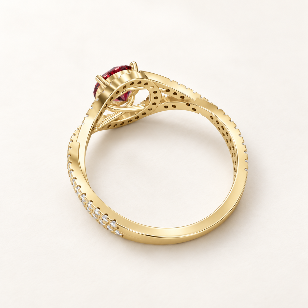 0.84 CT Round Cut Ruby Red Gemstone Ring in 10K 14K 18K Yellow Gold, White Gold & Rose Gold | Double Halo Crisscross Pavé Engagement Ring | NyvaaraLuxe - view 2